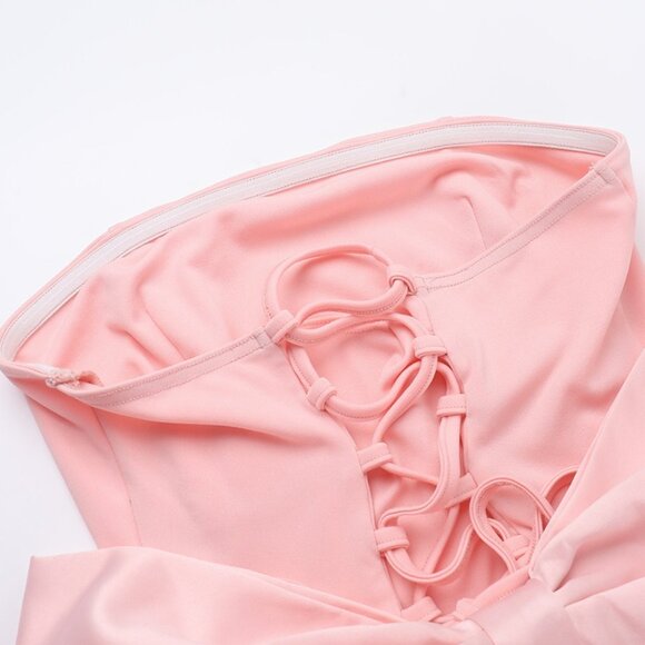 Romantic Pink Satin Bubble Hem Mini Dress - Strapless Bow Back Party Gown - Picture 8 of 9